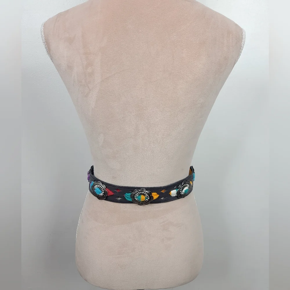 Vintage Charcoal Gray Western Leather Serape Silver-Tone Stamped  Concho Belt M - Picture 7 of 16